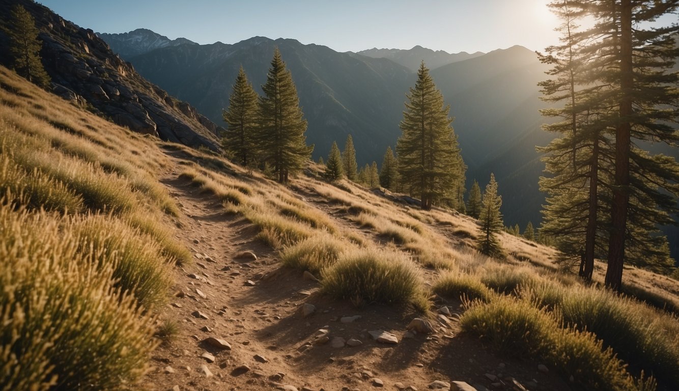 A trail winds through rugged terrain, with steep inclines and declines. Trees line the path, casting dappled sunlight on the ground. Elevation changes are evident, providing a challenging landscape for trail running