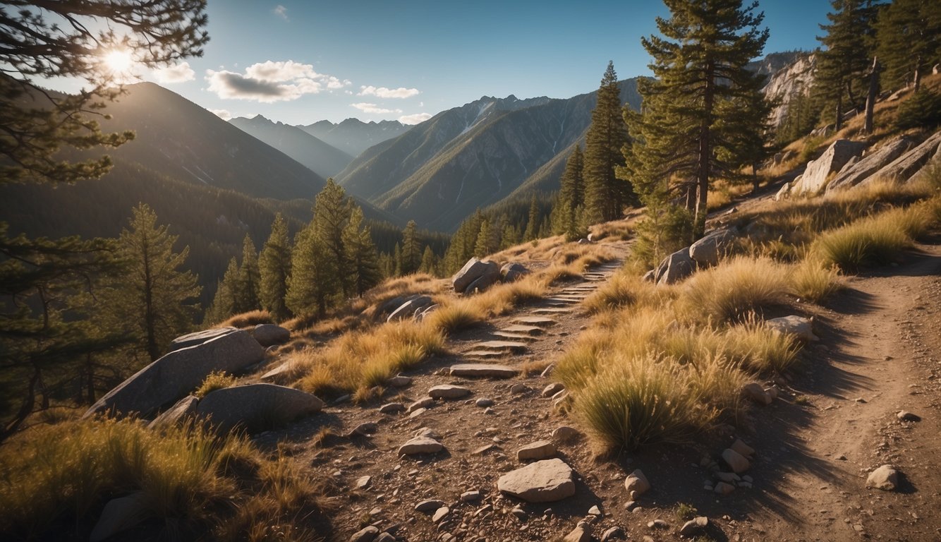 A trail winds through a diverse landscape, with steep inclines and declines. Trees and rocks dot the terrain, creating a challenging but scenic path for trail runners