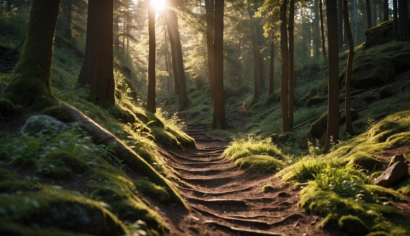 A trail winds through a forest, with steep inclines and declines. Rocks and roots create obstacles. Sunlight filters through the trees