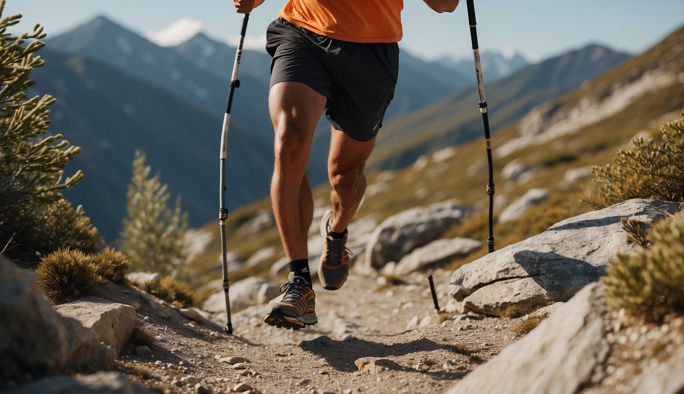 A trail runner effortlessly navigates rugged terrain using poles for stability and support, reducing the risk of falls and injuries