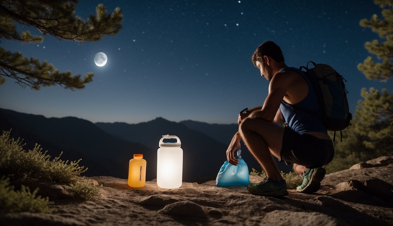 A trail runner prepares a hydration pack and energy gels under the moonlit sky, surrounded by trees and rocky terrain