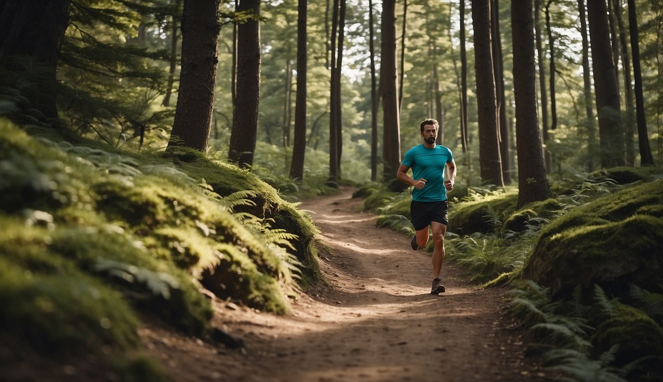 A runner follows a winding trail through a forest, surrounded by trees and nature. The path is rugged and challenging, with uphill and downhill sections