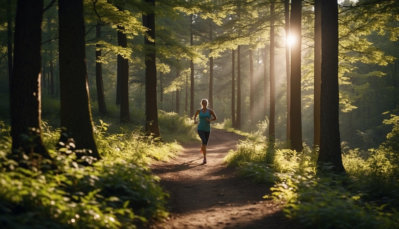 A trail winds through a forest, with sunlight filtering through the trees. A runner navigates the path, surrounded by nature and feeling the exhilaration of the workout