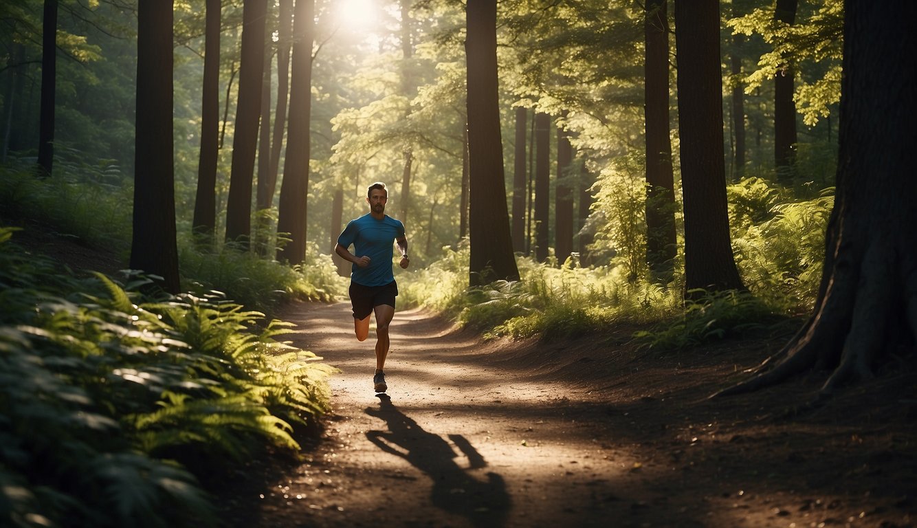 A runner races through a forest, surrounded by tall trees and dappled sunlight, with a trail stretching out ahead
