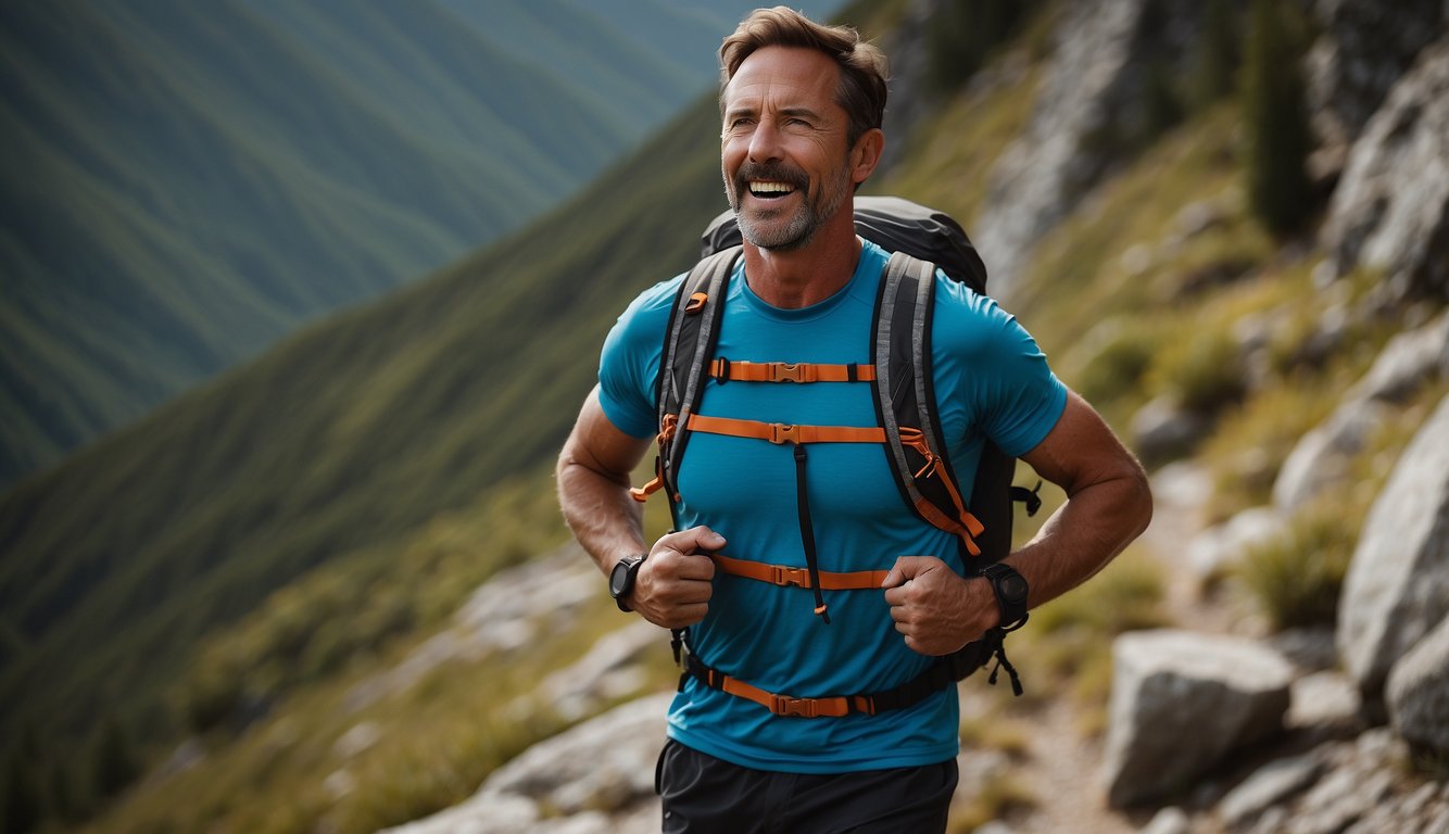 A trail running coach stands on a rugged mountain trail, directing runners with hand signals and shouting encouragement. They carry a hydration pack and wear a whistle around their neck