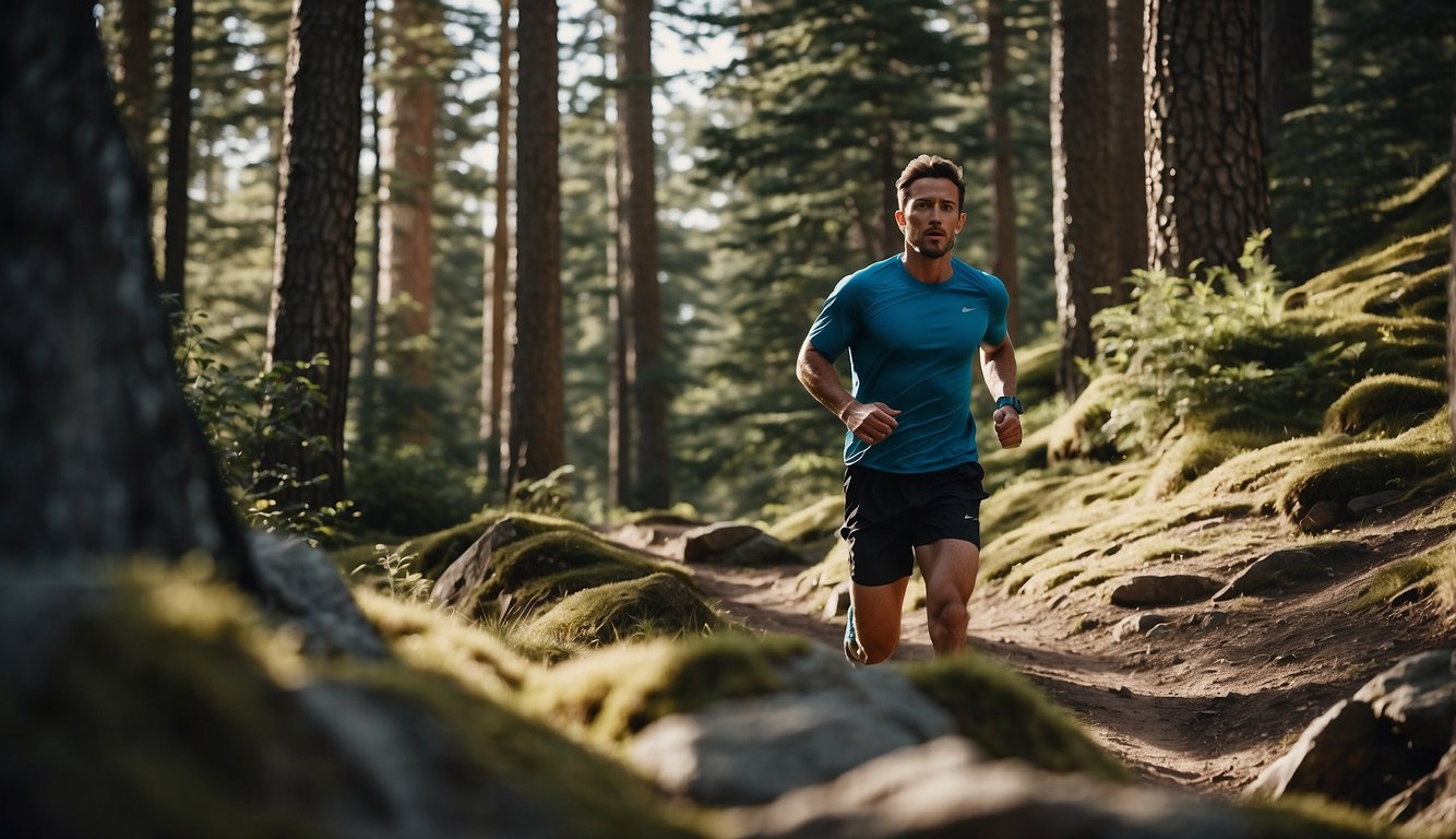 A runner tackles a rugged trail, surrounded by towering trees and rocky terrain, pushing their endurance to the limit