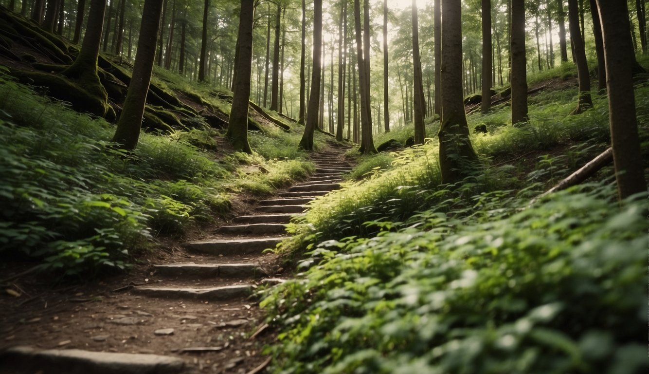 A winding trail cuts through a forest, with steep inclines and rocky terrain. A runner navigates the challenging path, surrounded by lush greenery and tall trees