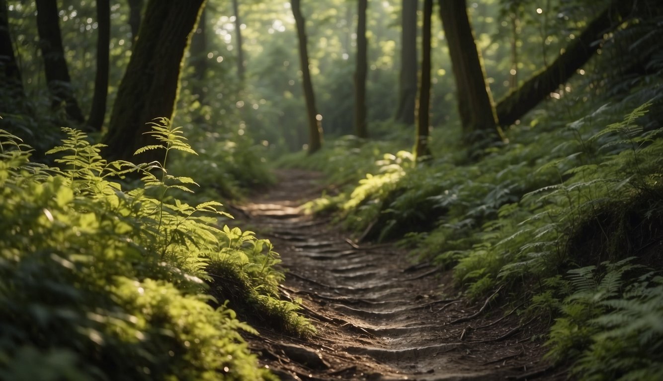 A trail winds through a lush forest, with fallen branches and overgrown vegetation. A trail runner's footprints mark the muddy path, highlighting the need for maintenance