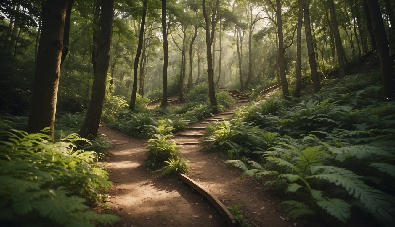 A winding trail through a lush forest, with well-maintained paths and clear signage for trail runners. The trail features gentle slopes and natural obstacles, with designated rest areas and water stations