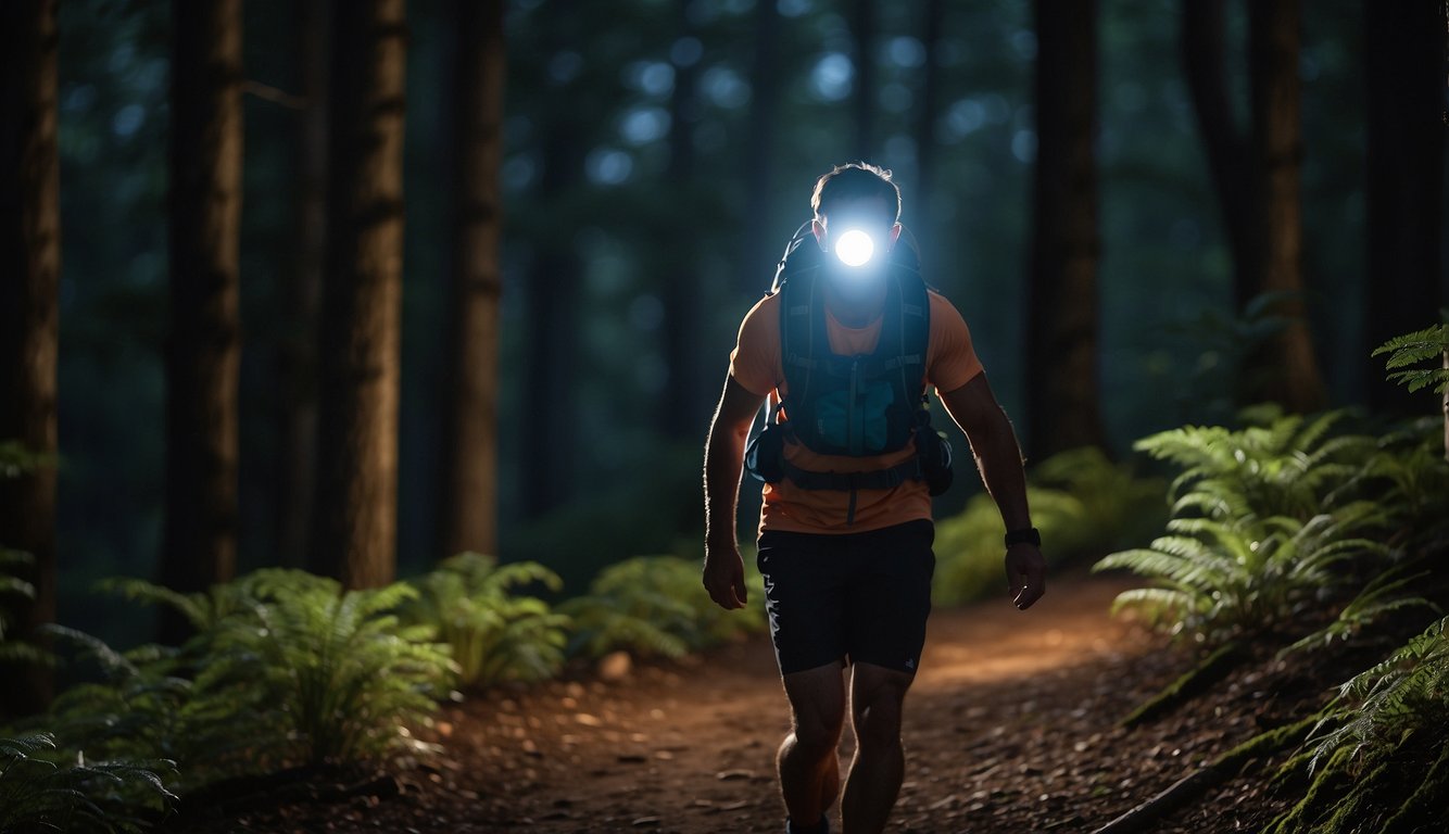 A trail runner's headlamp illuminates the winding path through the dark forest. Reflective vest, hydration pack, and sturdy shoes are essential gear