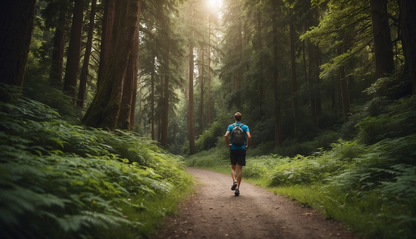 A runner stands at the trailhead, surrounded by lush greenery and towering trees. The path ahead is winding and inviting, with the promise of adventure and challenge
