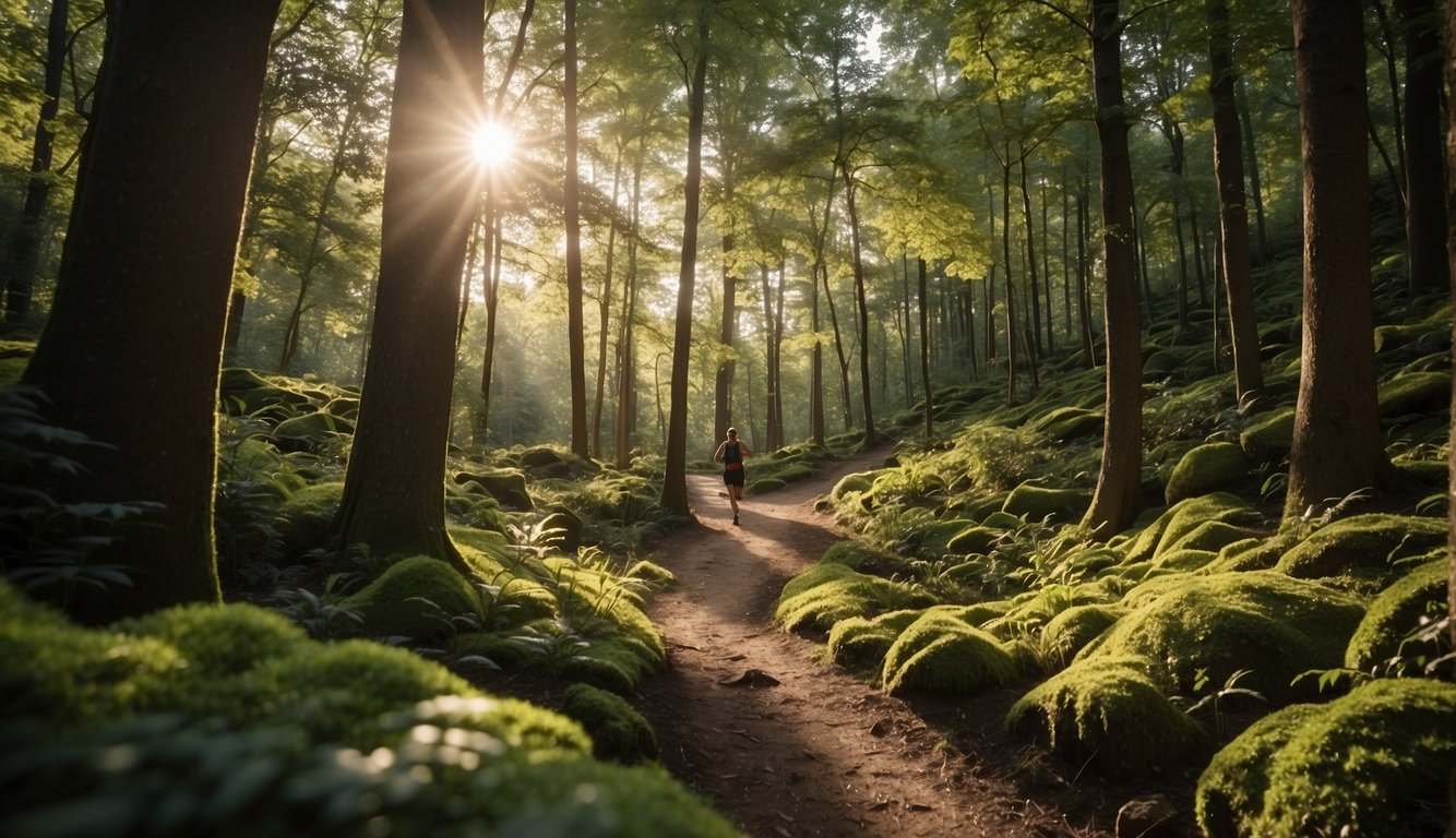 A runner navigates a winding trail through a lush forest, with dappled sunlight filtering through the trees. The path is uneven, with roots and rocks protruding, creating a challenging but exhilarating terrain for trail running beginners