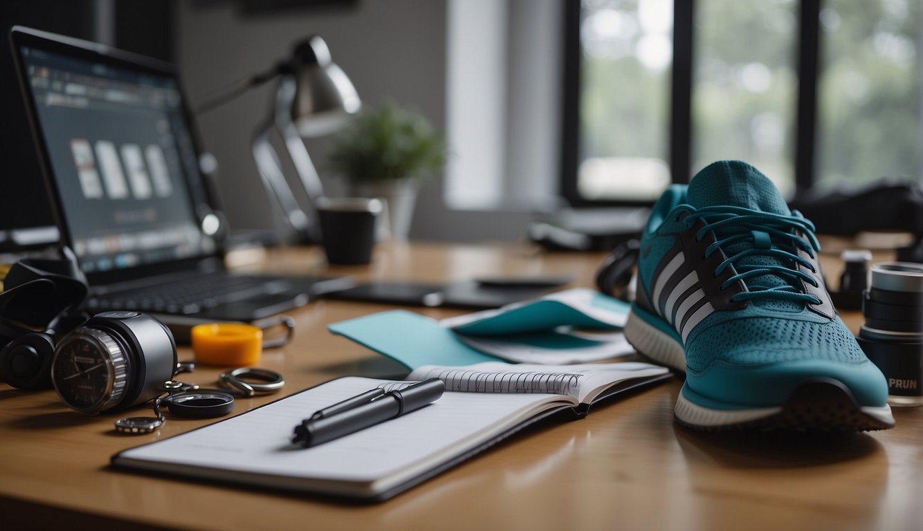 A runner sits at a desk, surrounded by running gear and a notebook. They are writing out their running goals and needs, while researching how to hire a running coach