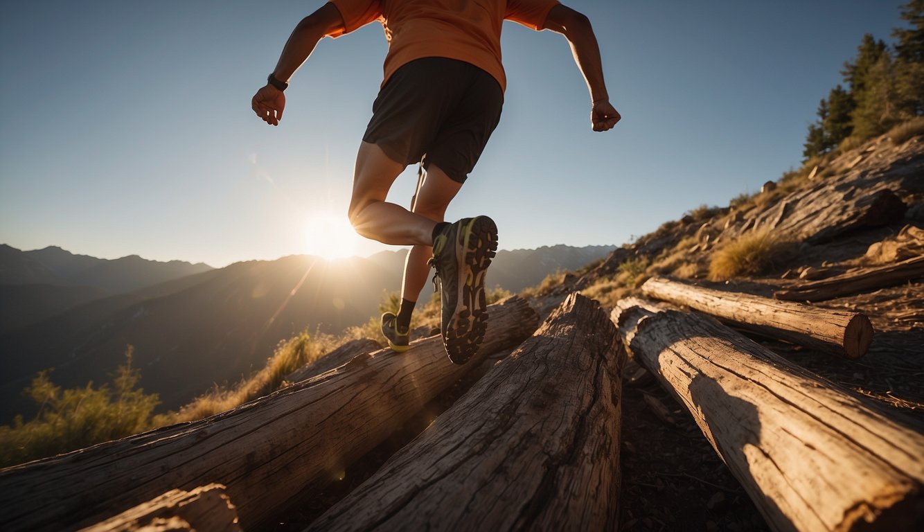 A runner leaps over fallen logs and navigates rocky terrain, preparing for their first trail race. The sun sets behind distant mountains, casting long shadows across the rugged landscape