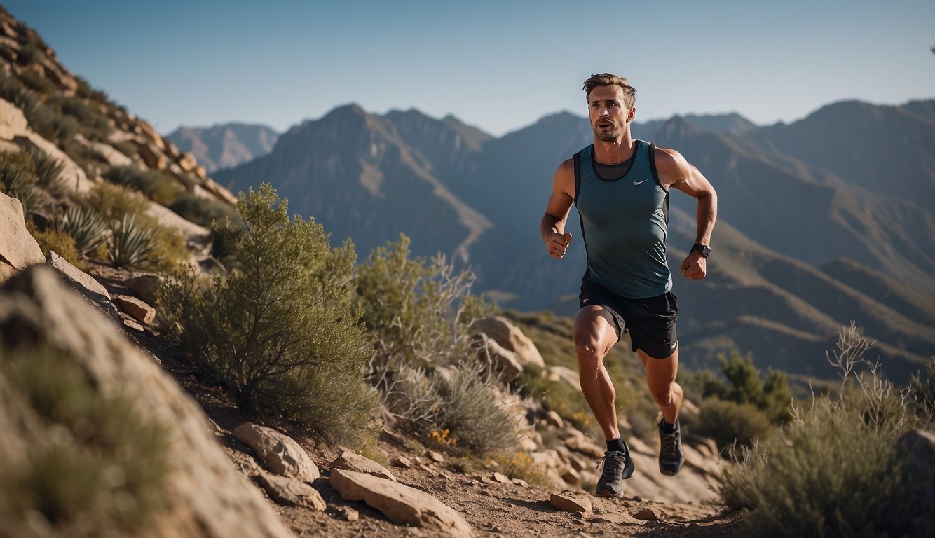 A trail runner with good posture, shoulders back, and head held high, glides effortlessly over rocky terrain, demonstrating advanced running form