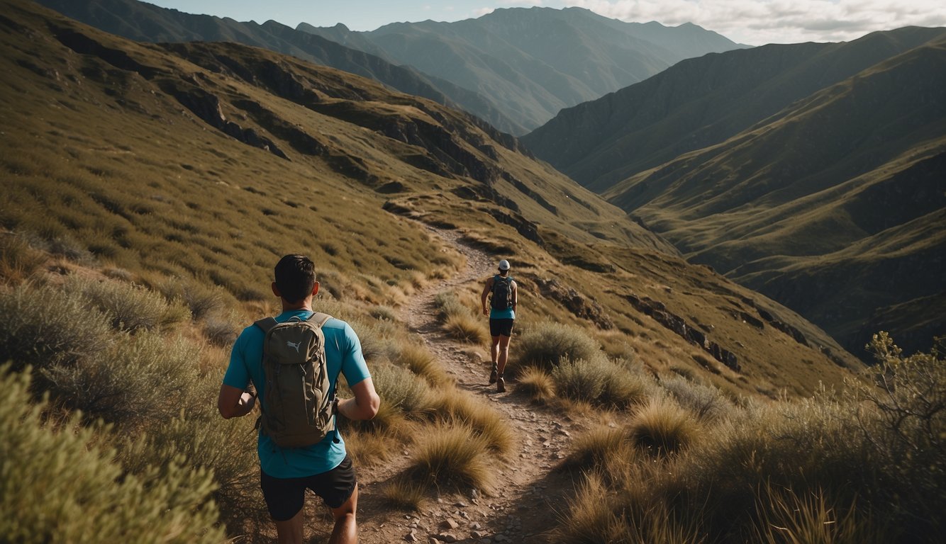 A trail runner stands tall with shoulders back, head held high, and feet firmly planted on the ground. The surrounding landscape is rugged and natural, with winding paths and varying terrain