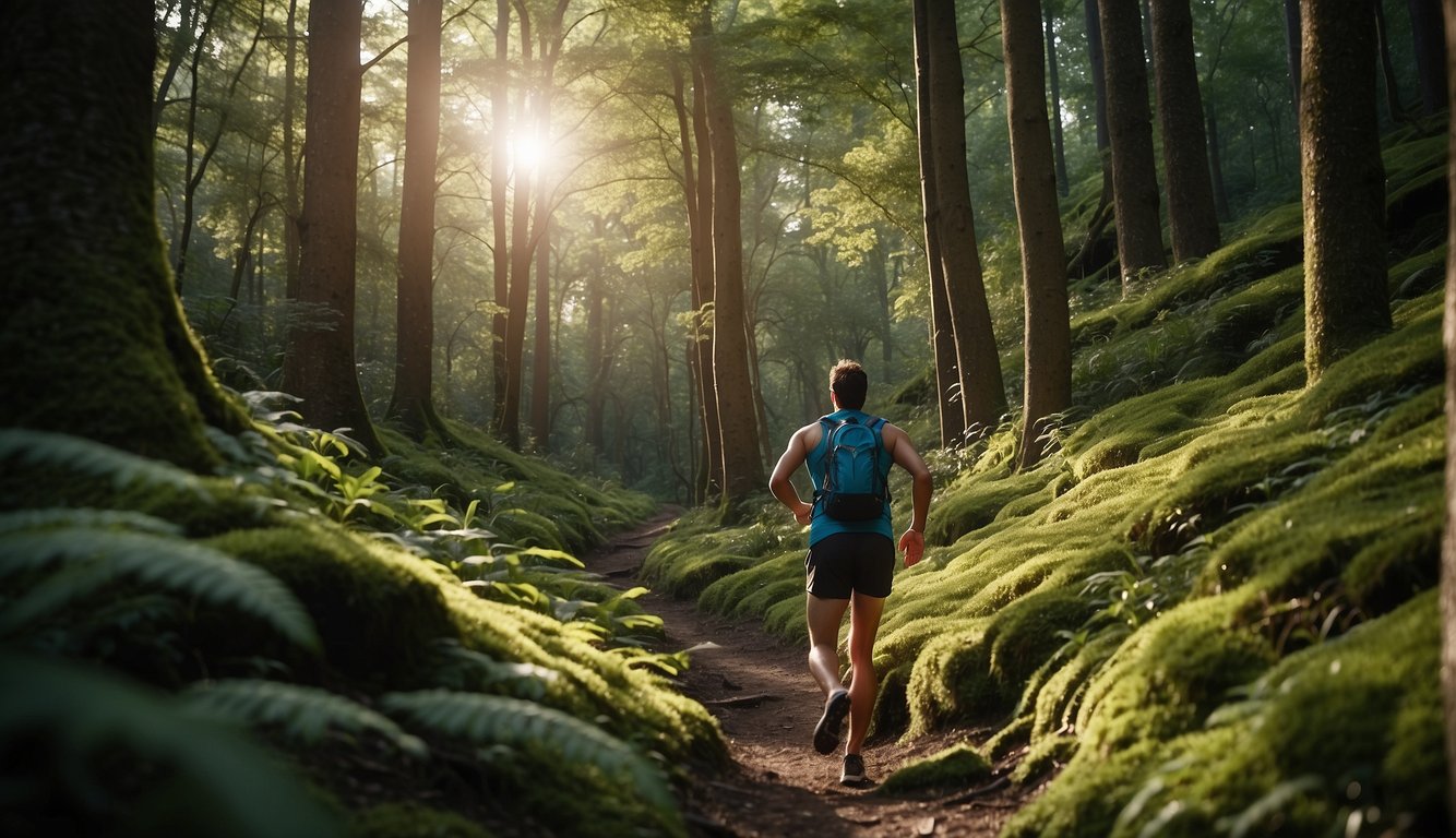 A runner follows a trail through a lush forest, searching for hidden geocaches among the trees and rocks