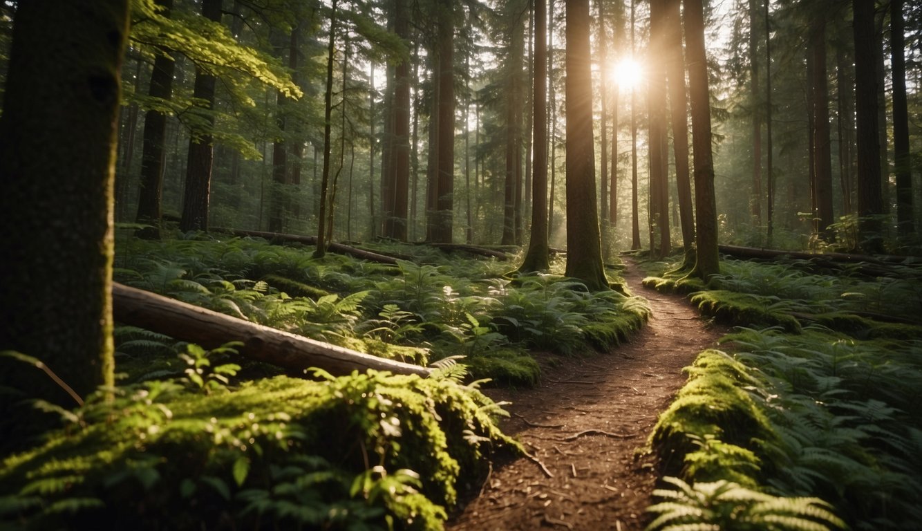 A trail winds through a lush forest, with sunlight filtering through the trees. A geocache is hidden under a fallen log, while a runner navigates the path ahead