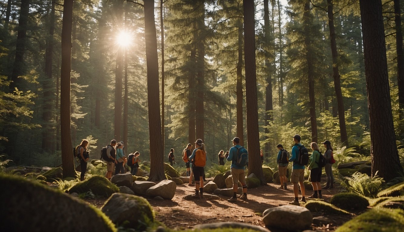 A group of geocachers gather at a trailhead, preparing for a day of trail running and geocaching. The sun shines through the trees, casting dappled light on the forest floor