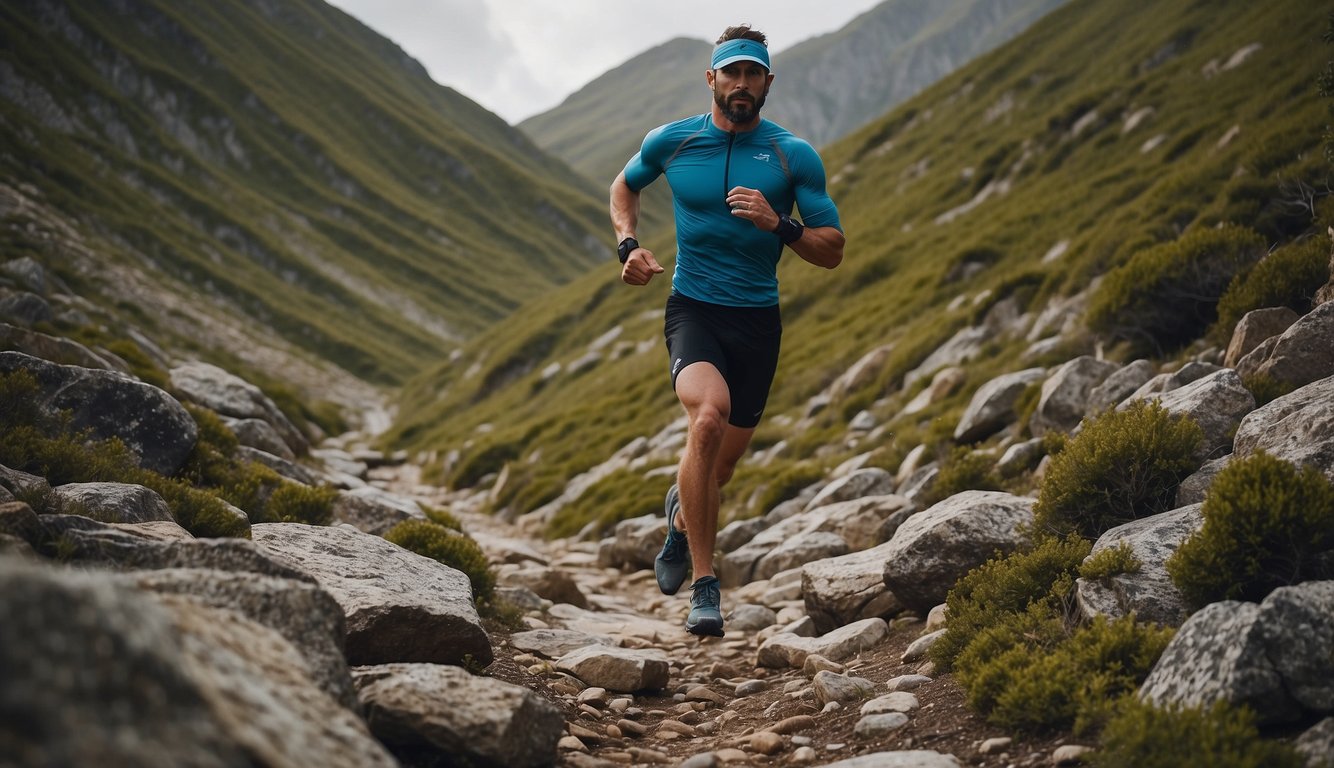 A trail runner wearing compression gear ascends a rocky path, muscles supported and blood circulation improved. The gear provides stability and reduces muscle soreness, but may feel restrictive