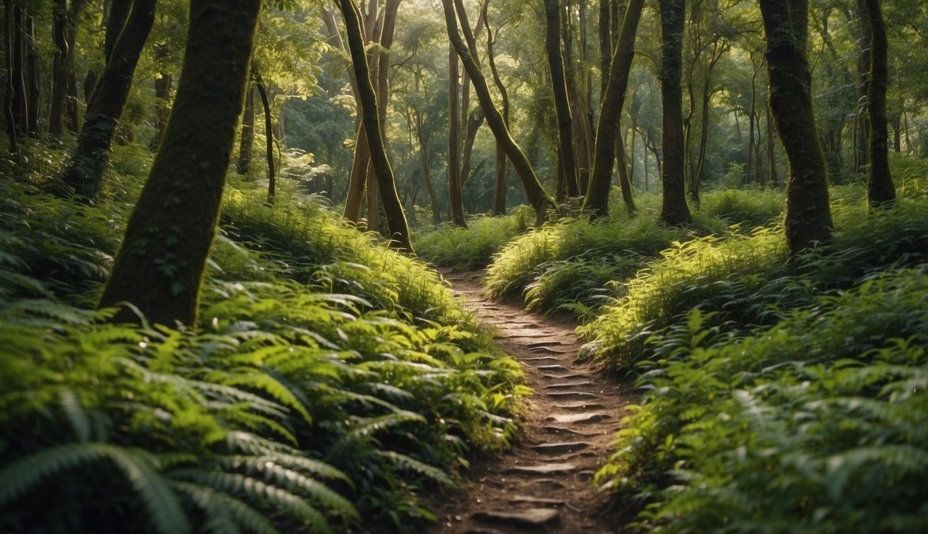 A winding trail cuts through lush forest, with vibrant flora and fauna. A clear stream runs alongside, and signs of conservation efforts are visible
