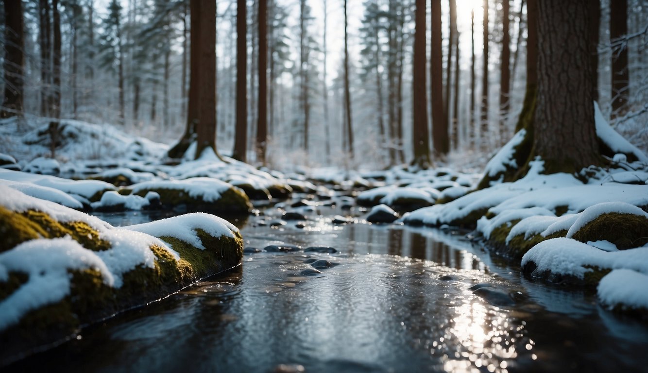 A trail winds through snowy forest, with icy patches and frozen streams. Gear includes crampons, waterproof shoes, and layered clothing. Safety tips emphasize traction and visibility