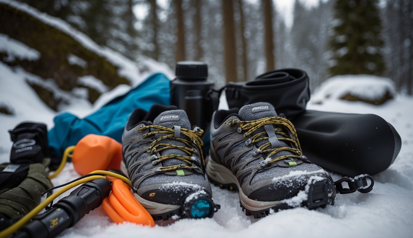 A trail runner's gear laid out on a snowy path, including traction devices, waterproof layers, and a headlamp. Safety essentials like a first aid kit and emergency whistle are also visible