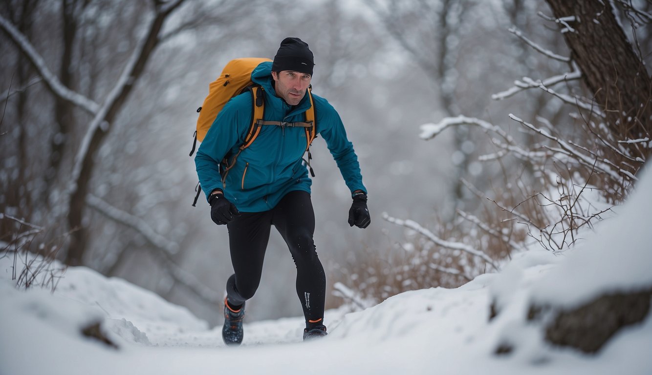 A trail runner in winter gear navigates snowy terrain, carrying hydration and nutrition supplies. Ice grips and warm layers are essential for safety