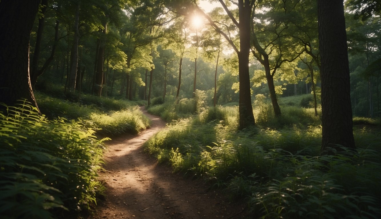 A serene forest trail winds through vibrant greenery, with dappled sunlight filtering through the trees. A gentle incline leads to a breathtaking view of rolling hills, inspiring a sense of adventure and vitality