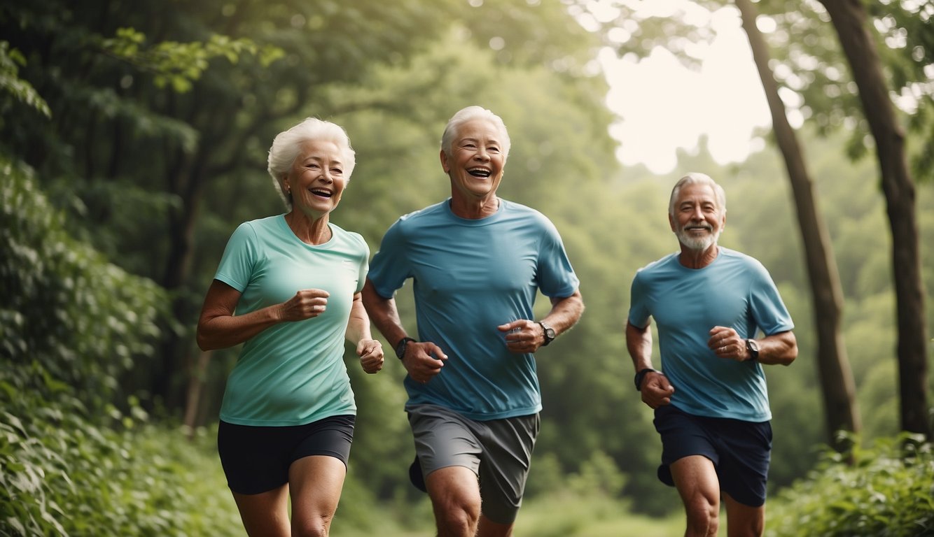 A group of seniors running along a scenic trail, surrounded by lush greenery and beautiful nature. They are smiling and chatting as they enjoy the fresh air and exercise