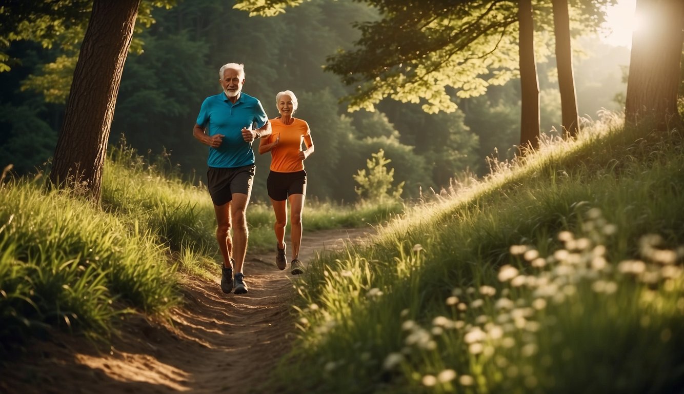 Elderly runners navigate a scenic trail, passing through lush greenery and gentle slopes, with the sun casting a warm glow on the peaceful landscape