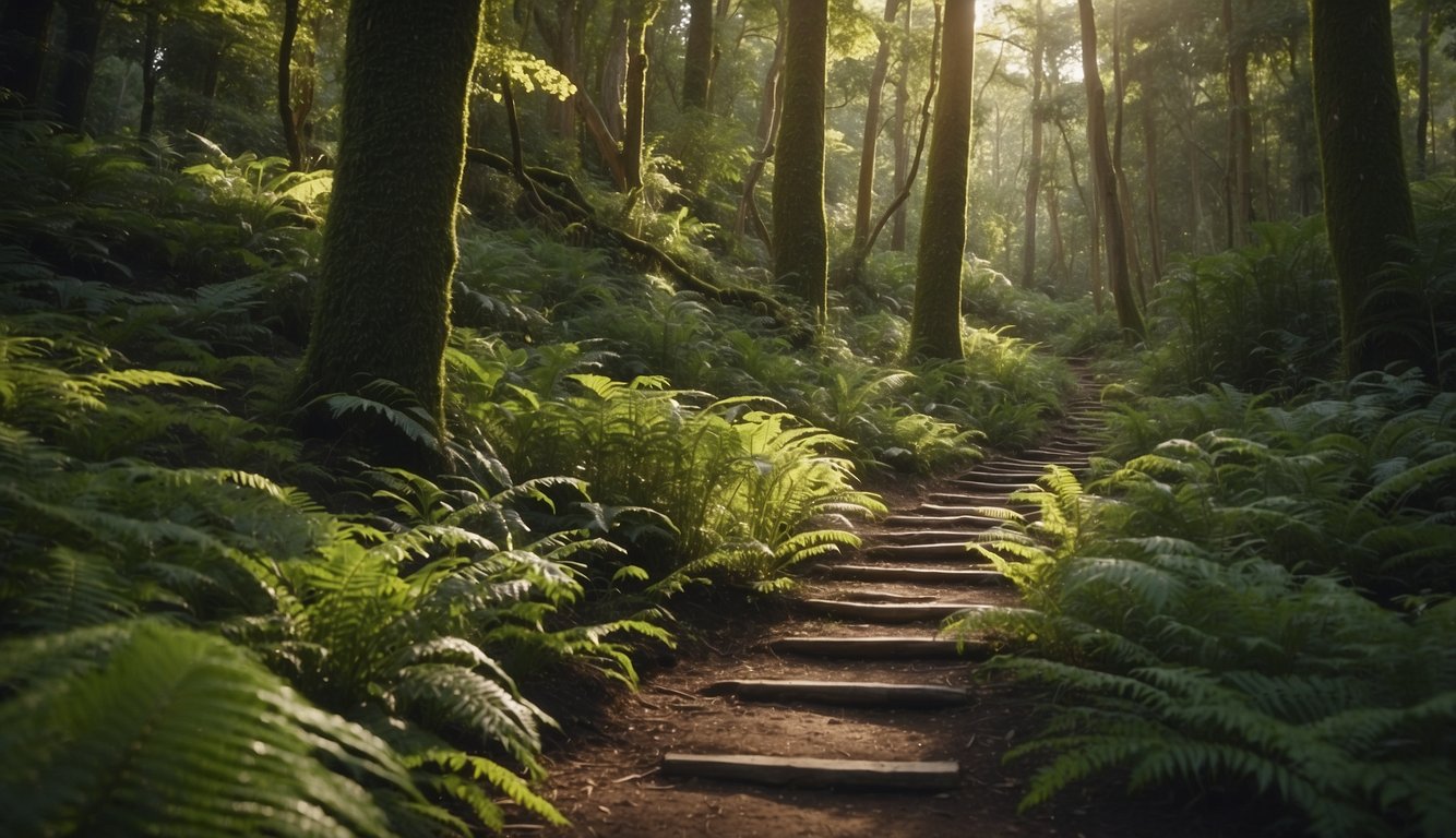 A trail winds through a lush forest, connecting vibrant cultural landmarks. Conservation efforts are evident, with native plants and animals thriving