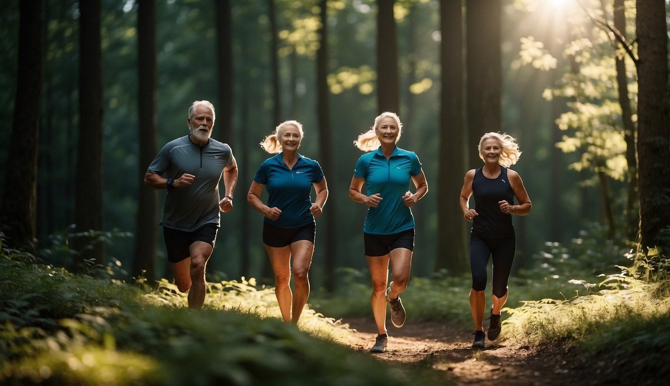 Senior trail runners stretching in a forest clearing, surrounded by tall trees and a winding trail. Sunlight filters through the leaves, creating dappled shadows on the ground