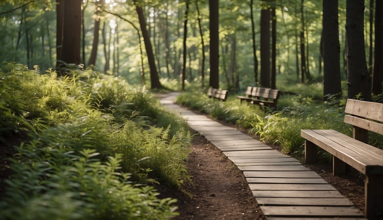 A serene forest trail with gentle inclines, marked with clear signage for senior runners. A peaceful stream runs alongside the path, with benches for rest and hydration stations
