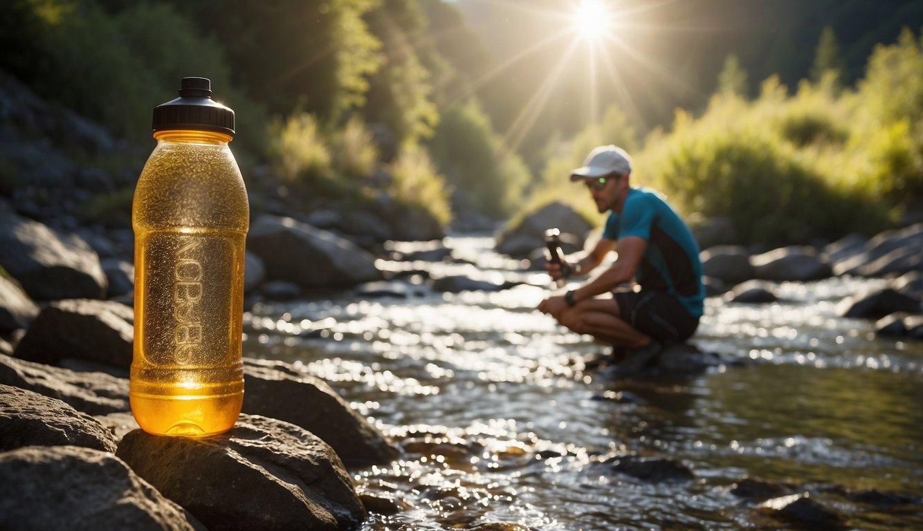A trail runner sips from a water bottle, surrounded by electrolyte-rich fruits and a flowing stream. The sun shines overhead as the runner replenishes fluids and balances electrolytes