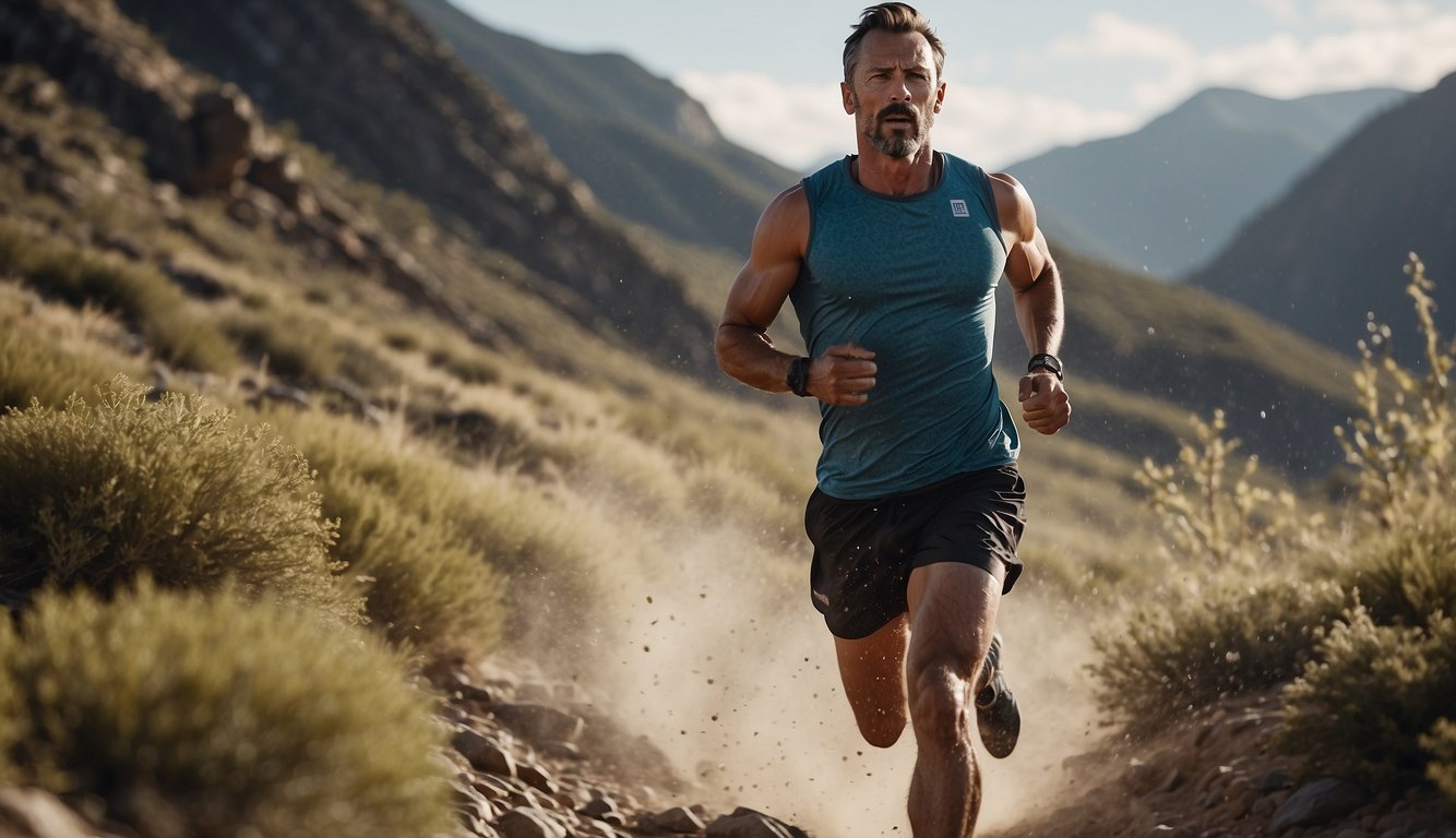 A trail runner races through rugged terrain, sweat glistening as electrolytes and fluids maintain balance within their body