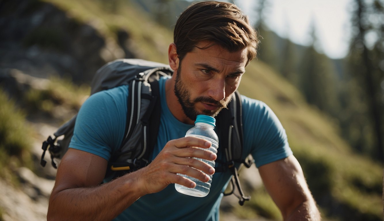 A trail runner drinks electrolyte-infused water to prevent dehydration. The balance of fluids and electrolytes is crucial for maintaining performance