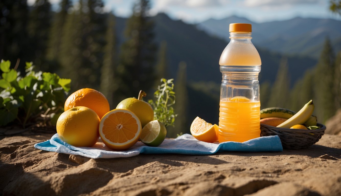 A trail runner's water bottle sits next to a packet of electrolyte powder, surrounded by fresh fruits and vegetables. The sun shines down on the scene, highlighting the importance of nutrition and hydration for optimal performance