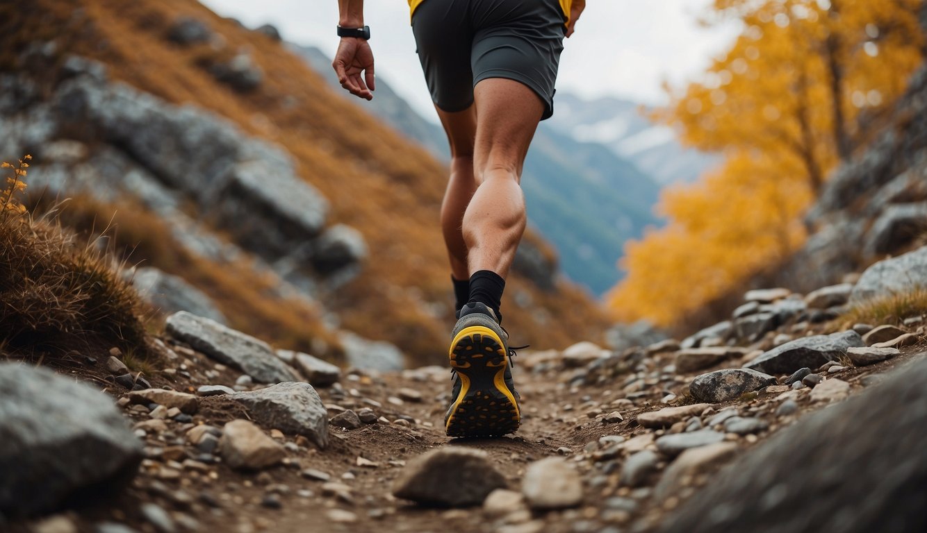 A trail runner navigates through varying terrains, from steep inclines to rocky descents, with a backdrop of changing seasons and weather conditions