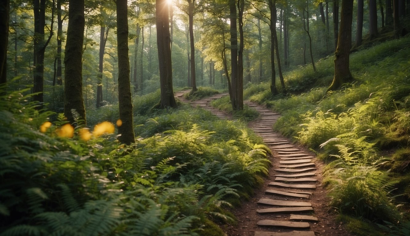 A winding trail cuts through a lush forest, with varying terrain and elevation changes. The path is marked with colorful flags, and the surrounding trees are alive with vibrant foliage