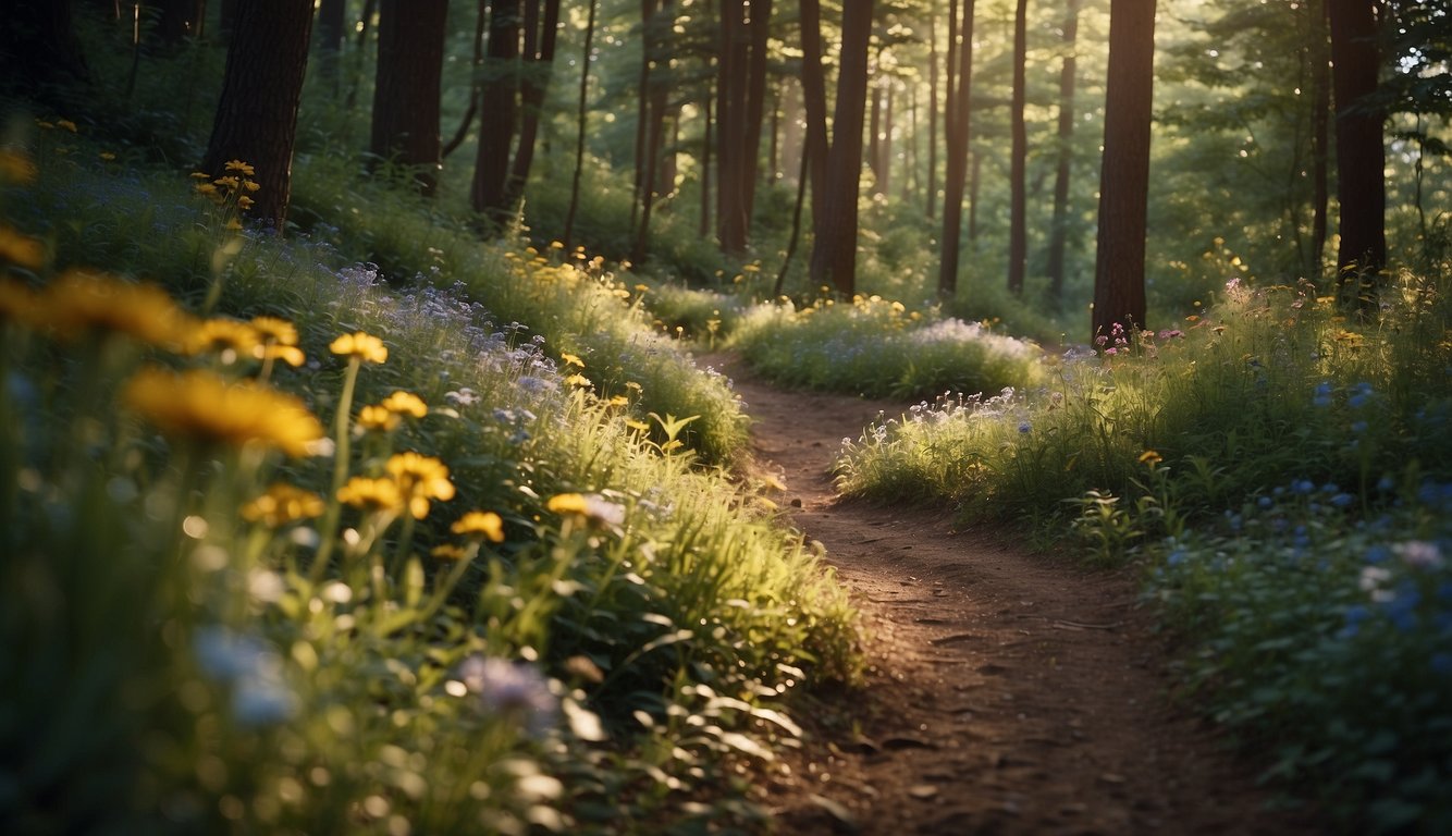 A trail winds through a lush forest, with colorful wildflowers and diverse wildlife. A runner navigates the path, surrounded by untouched nature and signs of conservation efforts