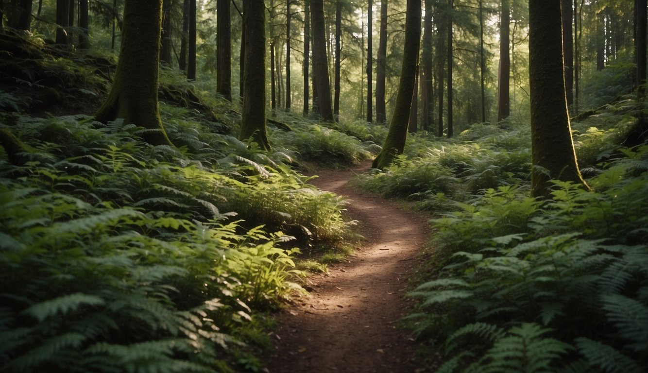 A winding trail through a lush forest, with varying terrain and elevation changes. Signs of caution and rest areas are strategically placed along the route