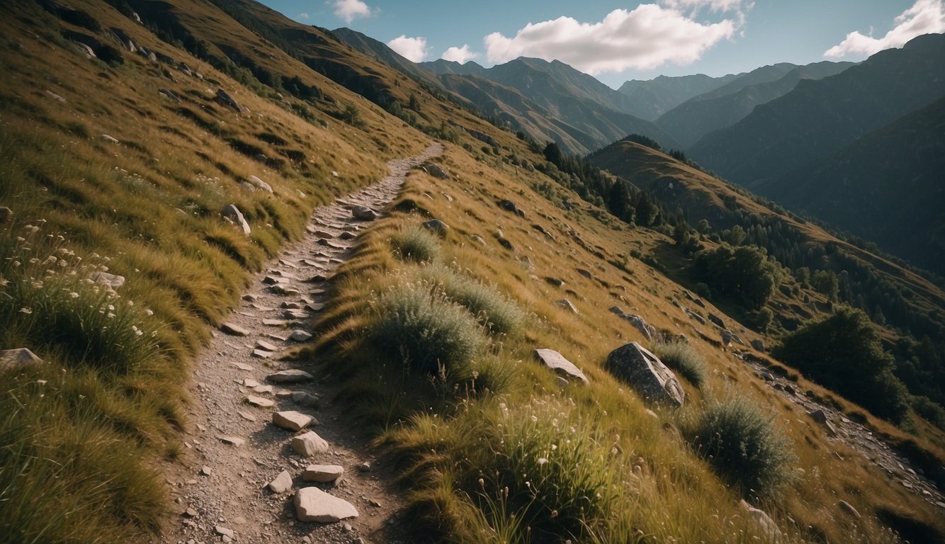A trail winds through a mountainous landscape, with steep inclines and rocky terrain. The path is surrounded by dense forests and occasional streams, offering a challenging and varied terrain for trail runners