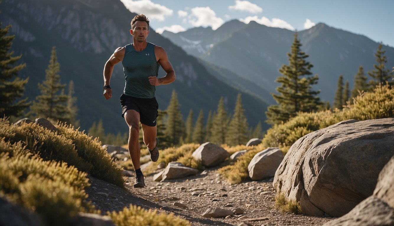 A runner balances on a rocky trail, engaging their core muscles to maintain stability. Trees and mountains loom in the background, highlighting the importance of core strength in trail running
