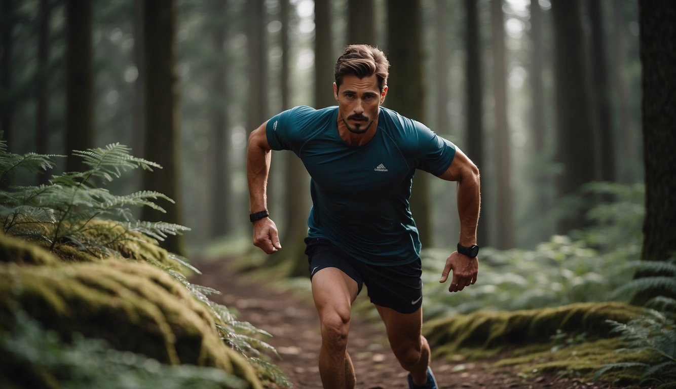 Trail runner stretching dynamically in a forest, focusing on legs and hips. Emphasize fluid, controlled movements and proper form. Surrounding landscape should convey a sense of rugged terrain and natural beauty