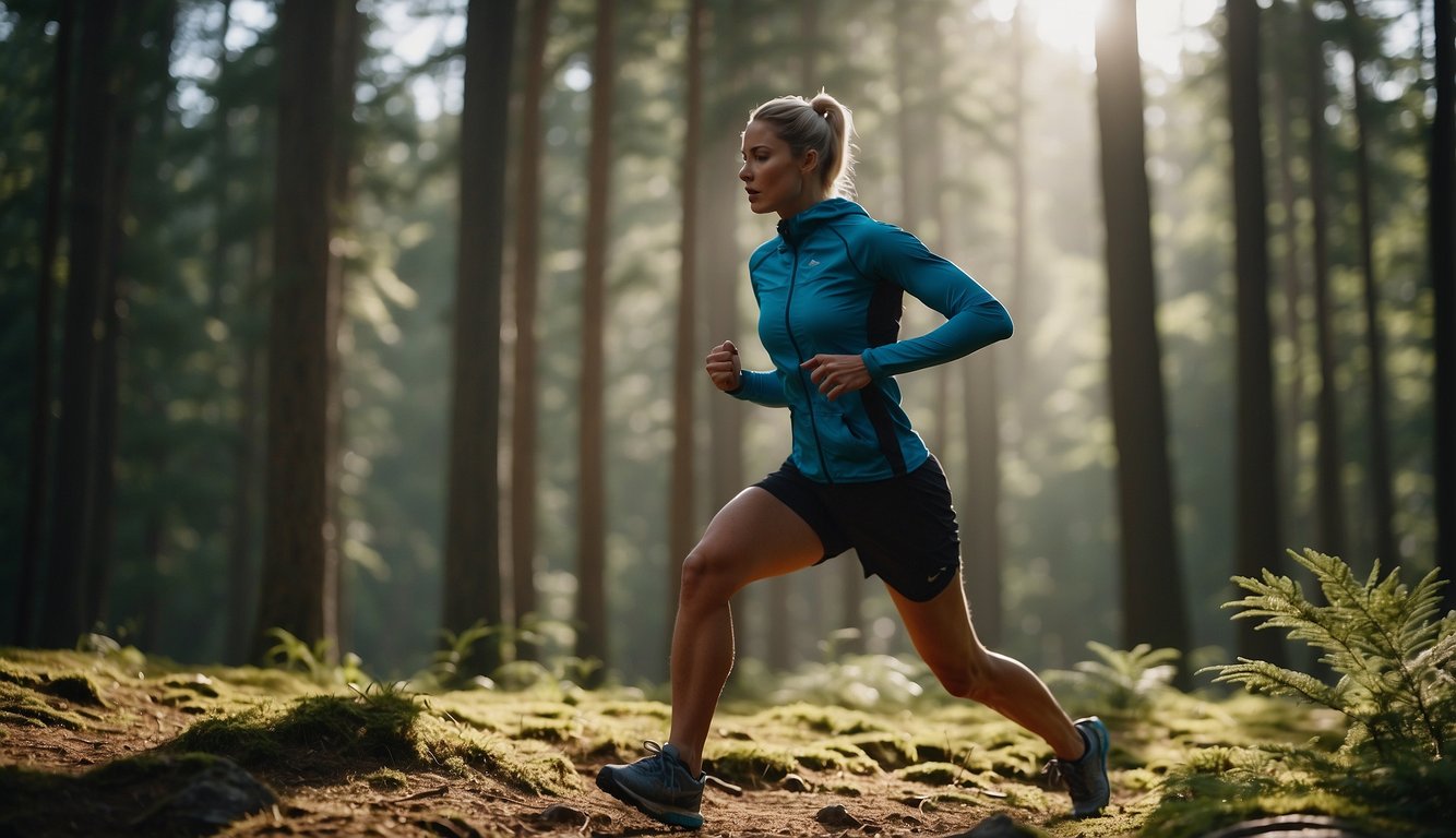 A trail runner performs dynamic stretches in a forest clearing before a run, reaching and bending to warm up muscles and prevent injury