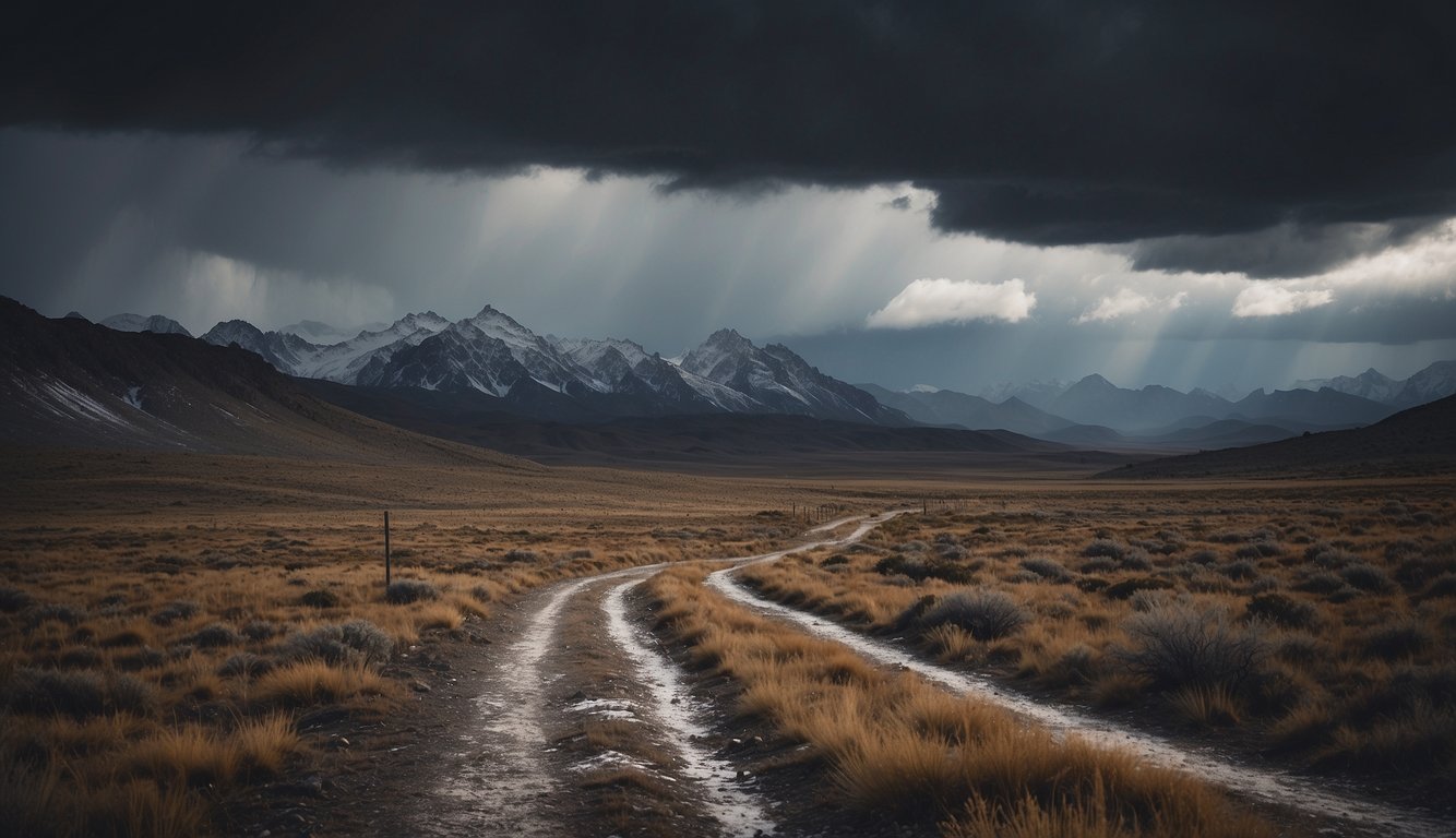 A lone trail winds through a rugged landscape, with ominous storm clouds looming overhead. The terrain varies from rocky to muddy, with patches of snow and ice