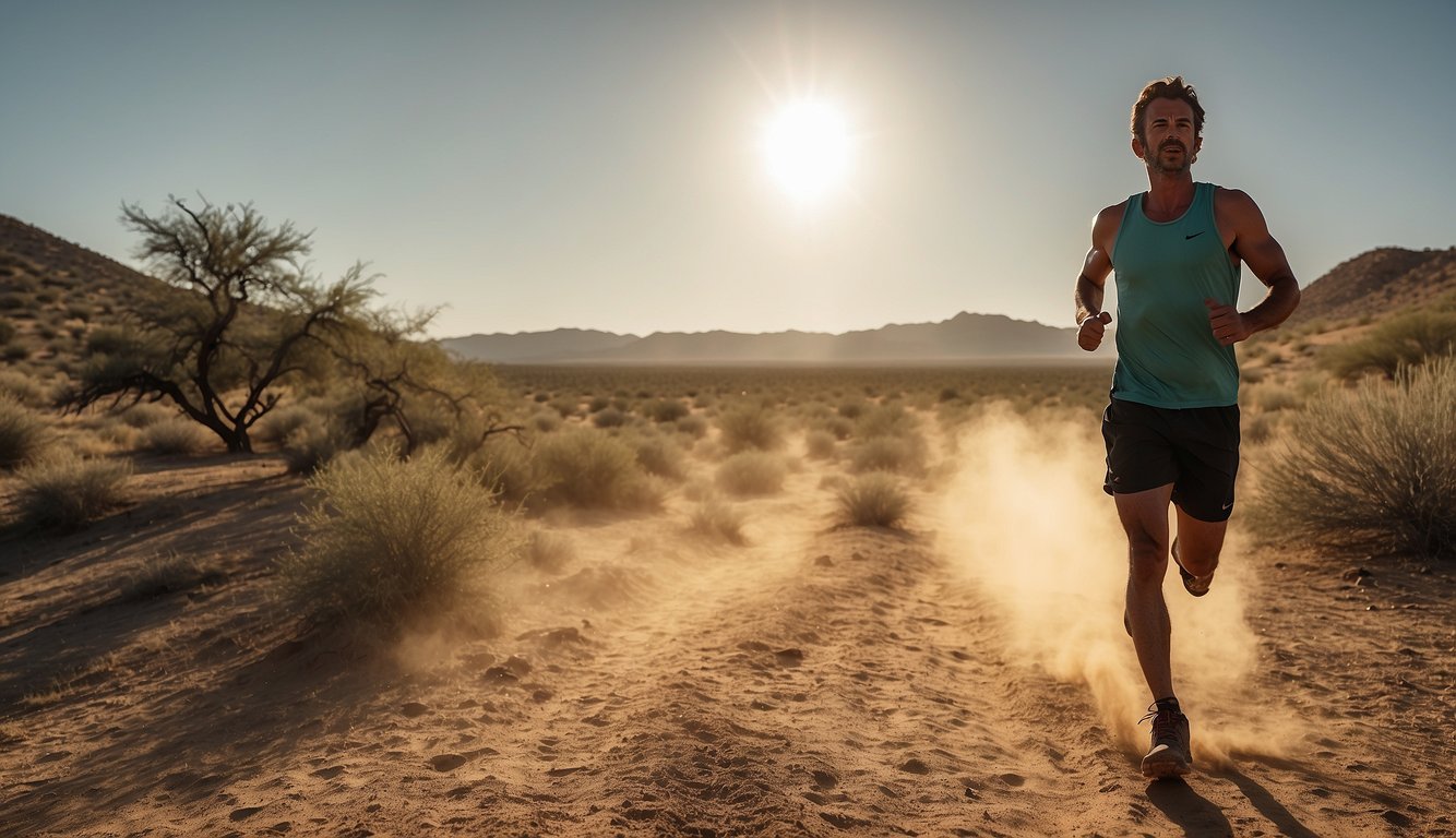 A runner traverses a dusty trail under a scorching sun, with heat waves rippling in the distance. The landscape is barren, with sparse vegetation and a cloudless sky