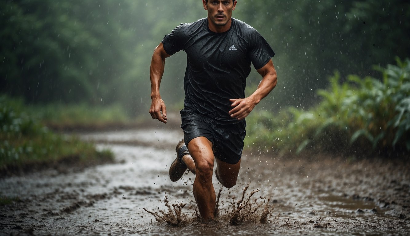 A runner splashes through muddy trails, surrounded by wet foliage and puddles. The weather is extreme, with rain pouring down and the ground saturated