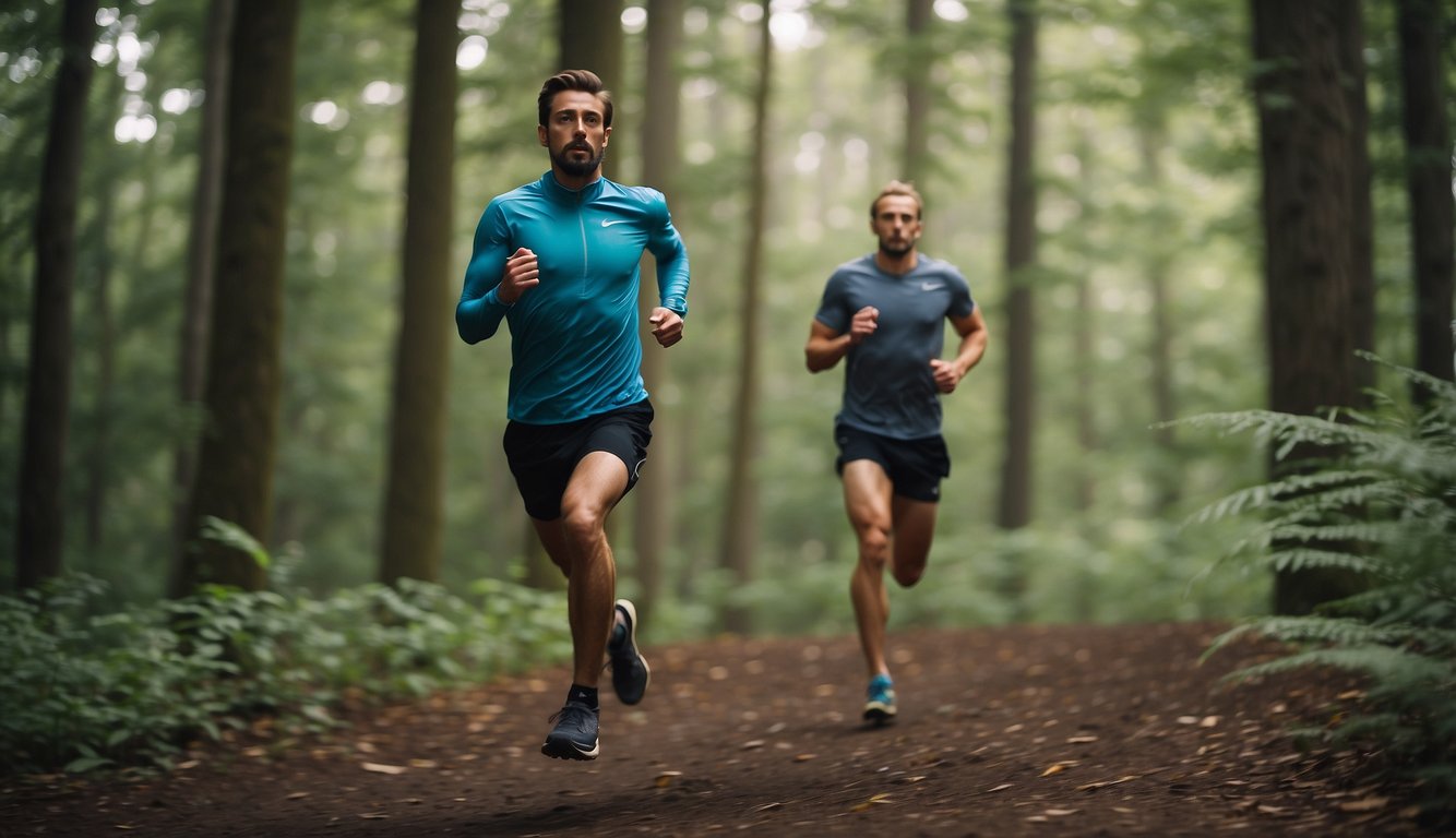 A runner glides through a forest, feet rhythmically hitting the ground. Trees blur past as the runner maintains a steady cadence, finding their optimal stride rate for trail running